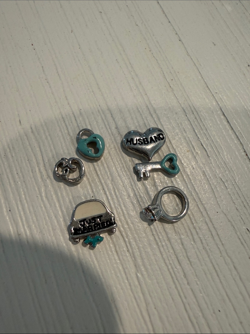 Origami Owl Silver Charm Set with Teal Accents - Heart, Key, Ring, Car